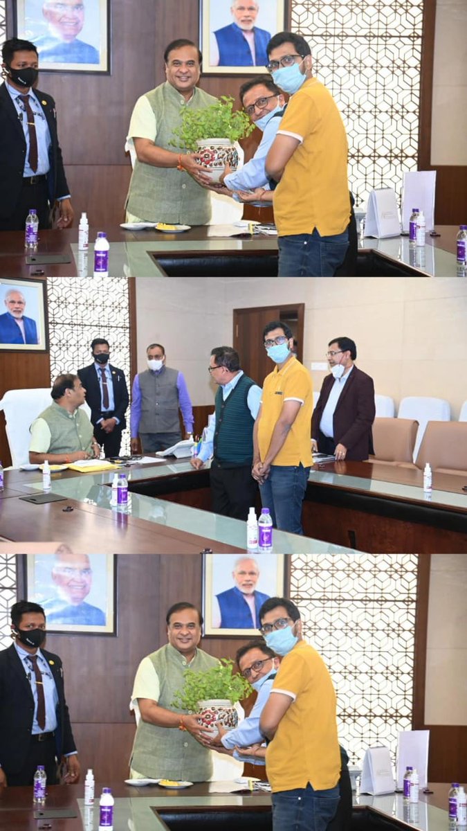 jalan_dilip's tweet photo. Meet with *Sri Himanta Biswa Sarma, CM Assam* &amp; Presenented *Green Pudina Pot as Token for green &amp; Clean Assam Idea* at the End of Steel &amp; Cement Industrial Meeting at Secretariat. 🙏🇮🇳 *Dilip Jalan &amp; Adarsh Jain* 🇮🇳🙏 https://t.co/6yV9Huc7Wd