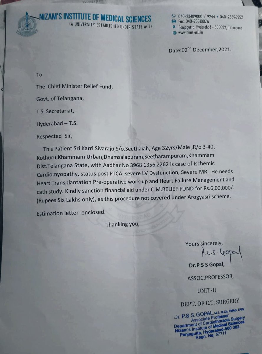 JSPSriram's tweet photo. My school friend SIVARAJ from Khammam suffering with heart related issue &amp; he needs heart transplantation. He applying for CMRF.

I'm doing my part, please help him to get his additional expenses.

Name: Karri Sivaraj
A/C 62497963928
IFSC: SBIN0020780
CC @KTRTRS @puvvada_ajay https://t.co/Na5t9hdRlB