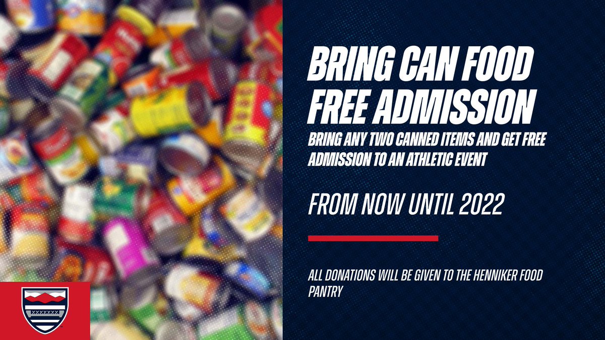 NEC_Athletics's tweet photo. Coming to an NEC game this month? Bring two cans of food and get in for free. All donations will be given to the Henniker Food Pantry 

#GoGrims #Forward #NECTogether https://t.co/85bDSLVguc
