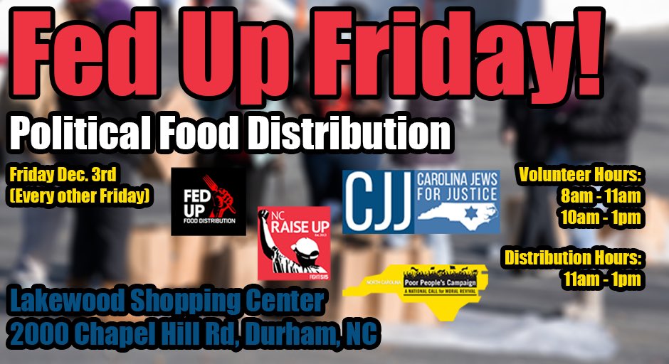 If you know anyone in/around the Durham area who could benefit from some free fresh produce and non-perishables; send them to see us this Friday the the Lakewood Shopping Center.
Support &amp; Volunteer!
bit.ly/3G4xntM
#fedupfriday