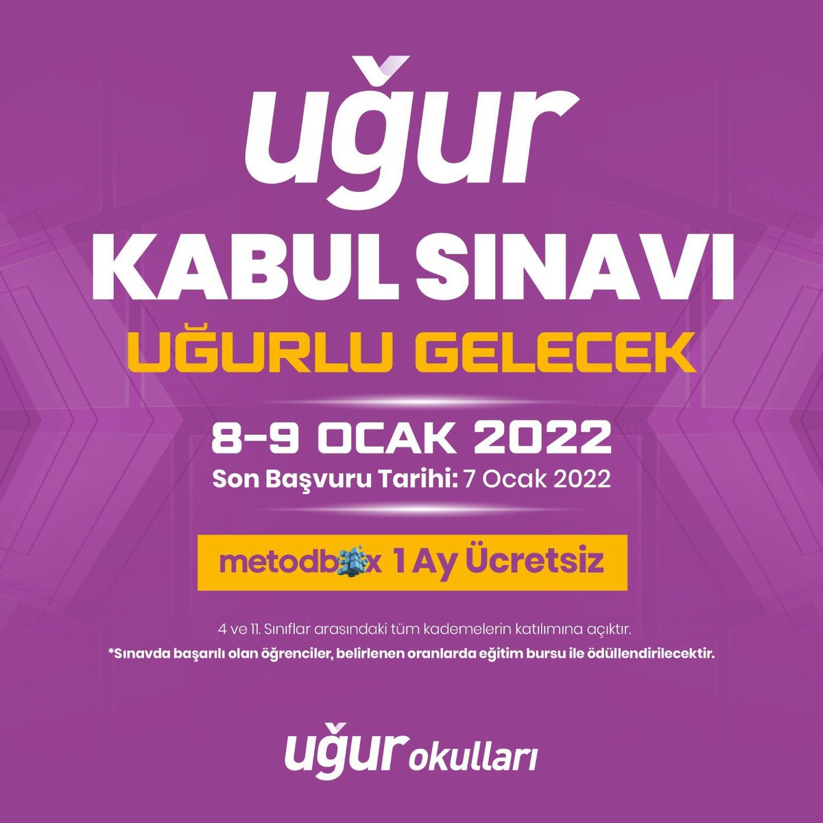 Uğurlu bir gelecek için hazırlan! 🚀

4. ve 11. sınıf kademeleri arasındaki tüm öğrencilerin katılımına açık Uğur Kabul Sınavı, 8-9 Ocak tarihlerinde!

Detaylı bilgi ve başvuru için 👉 ugurokullari.k12.tr/uks

#UğurluGelecek