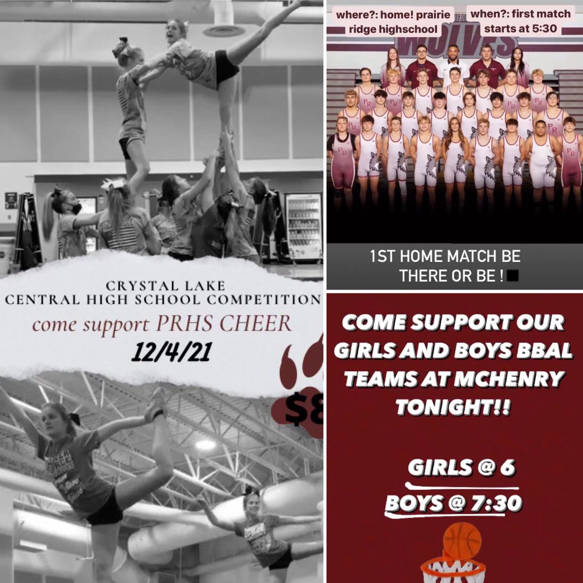 Wolves Weekend Lineup 
Friday: 🤼‍♂️ 🏀
<a href="/prwrestling1/">Prairie Ridge Wrestling</a> at home &amp; <a href="/PrairieRidgeGBB/">PR Girls Basketball</a> and @PRidgeW_hoops at McHenry.  
Saturday: 🎉💃🏻
<a href="/prvarsitycheer/">PR Cheer</a> at CLC and <a href="/PRHSdanceteam/">Prairie Ridge Dance</a> at LZ. Go Wolves!