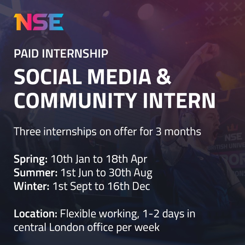 nse_gg's tweet photo. 🤩 JOIN US, WE'RE HIRING 🤩

Looking for a full-time Social Media &amp; Community Manager!

🎉 We're also opening up applications for our spring, summer &amp; winter internships throughout 2022, a great opportunity for someone looking to get their foot in the door of the esports industry