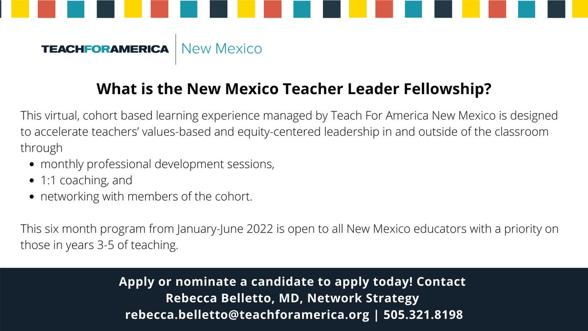 TFANewMexico's tweet photo. Are you a teacher with 3+ years of experience who wants to grow in your leadership and efficacy? There's still time to apply and join the inaugural cohort of the NM Teacher Leader Fellowship. Applications due Friday Dec 10: https://t.co/cRXjZwdQzP
#makingonedaytoday #newmexicoedu https://t.co/akfJyq5DOJ