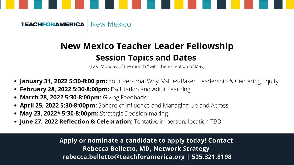 TFANewMexico's tweet photo. Are you a teacher with 3+ years of experience who wants to grow in your leadership and efficacy? There's still time to apply and join the inaugural cohort of the NM Teacher Leader Fellowship. Applications due Friday Dec 10: https://t.co/cRXjZwdQzP
#makingonedaytoday #newmexicoedu https://t.co/akfJyq5DOJ