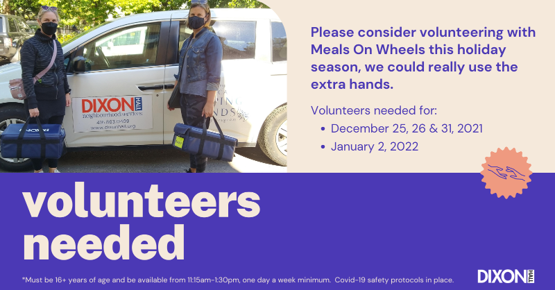dixon_hall's tweet photo. We’re currently experiencing a shortage of volunteers due to the pandemic and are actively seeking volunteers to help deliver meals to homebound seniors and persons with disabilities this holiday season.