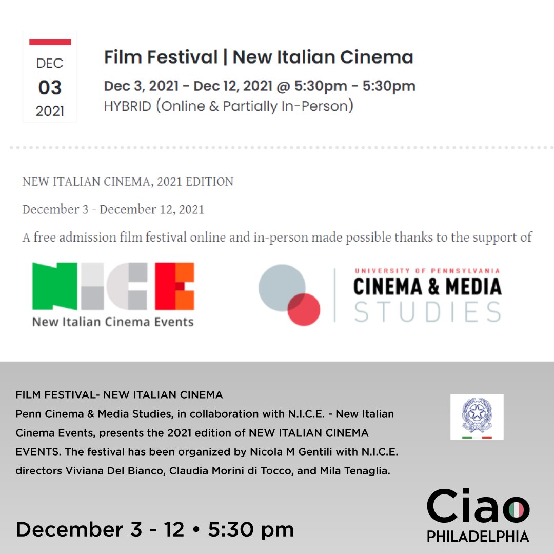 We invite you to join us for FILM FESTIVAL- NEW ITALIAN CINEMA from Friday, December 3 to Sunday, December 12 at 5:30pm, click the link below to register!  ecs.page.link/4bf8t