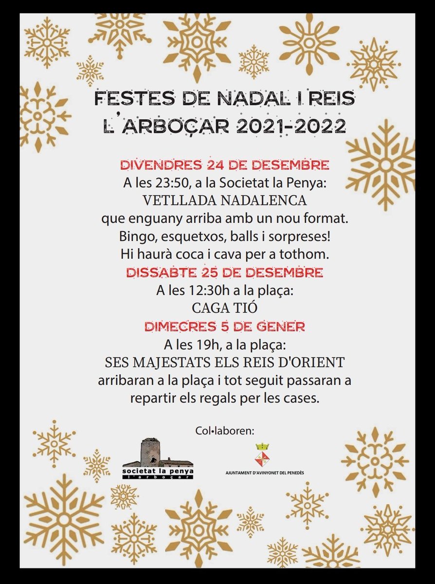 Programa de les festes de Nadal 2021 i de Reis Mags 2022. #Arboçar #AvinyonetdelPenedès #AltPenedès