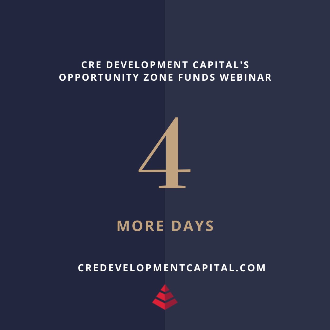 CRE_Dev_Capital's tweet photo. By attending this webinar, you can expect to come away with:
An understanding of CRE Development Capital’s Opportunity Zone Funds.
An understanding of the potential tax advantages that go with investing in Opportunity Zones.

Register at https://t.co/SDJmPgTzui https://t.co/jVf3mLHgm0