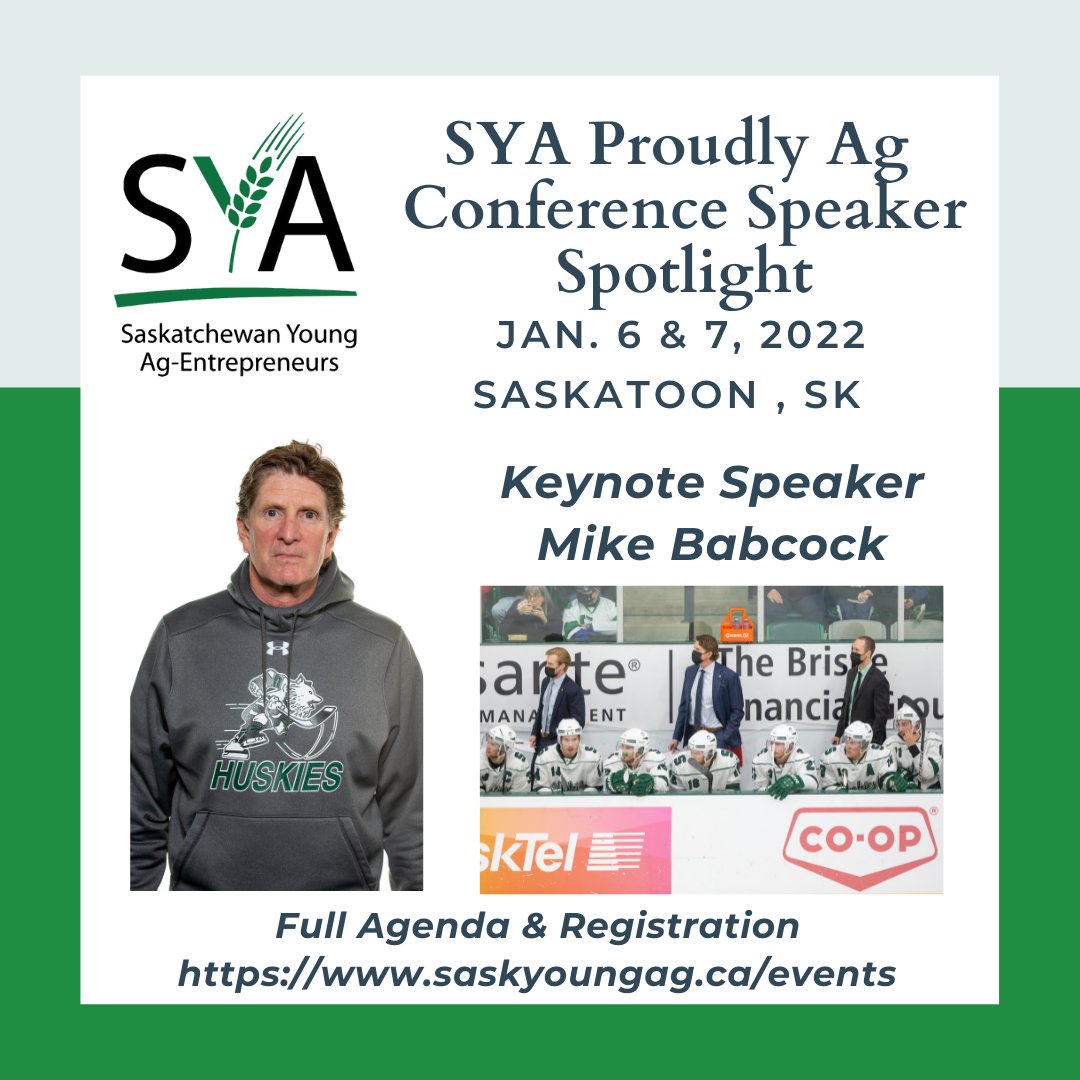 Presenting 2022 Keynote Speaker🎤- Mike Babcock
An inspirational and story themed keynote.
Banquet and Keynote- part of conference pass.
Additional banquet tickets available. You won't wan to miss this👏

saskyoungag.ca/events/proudly…