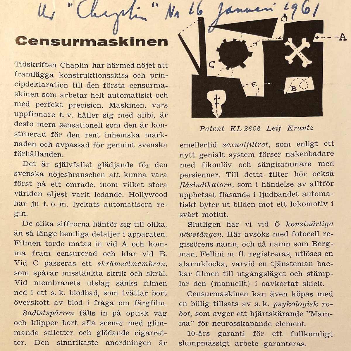 pellesnickars's tweet photo. På Riksarkivet finns 173 hyllmeter arkivmaterial bevarat från Statens biografbyrå 1911–2010. Att verksamheten sparade på papper kan ingen betvivla – men även kritik av filmcensuren bevarades, som denna artikel ur filmtidskriften Chaplin vintern 1961 om censuren som en maskin. https://t.co/yOMYQJKMRy