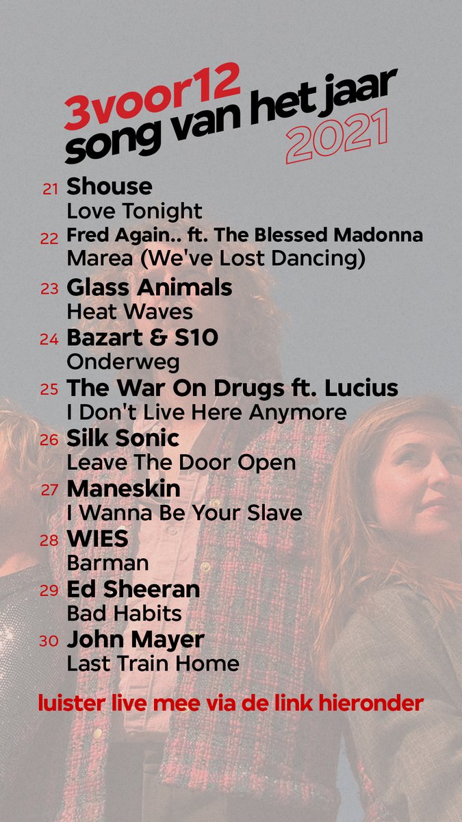 We sjezen in een rotvaart naar de hogere regionen van de lijst. Tussen 21-30 vind je o.a. het nieuwste stadionanthem van <a href="/TheWarOnDrugs/">The War on Drugs</a>, de zoetgevooisde pophit van <a href="/bazart_band/">BAZART</a> en <a href="/S10sdonnie/">S10</a> en WIES' ode aan de Barman: bit.ly/3xOOfCa