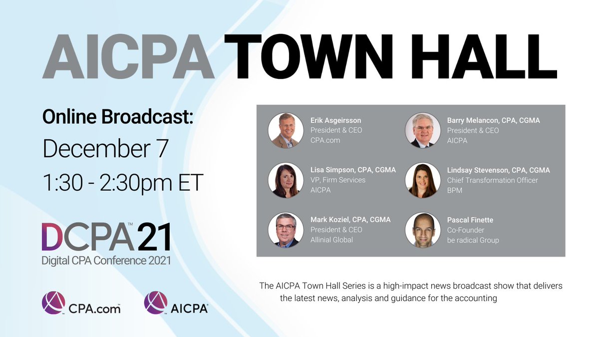 LStevensonCPA's tweet photo. Join us at #AICPATownHall, broadcasting live from #DCPA21, as we discuss how firms can disrupt disruption and firm best practices for leveraging automation and data analytics. Tune in: https://t.co/bHpJMtfAW9 https://t.co/lslgpG6d10