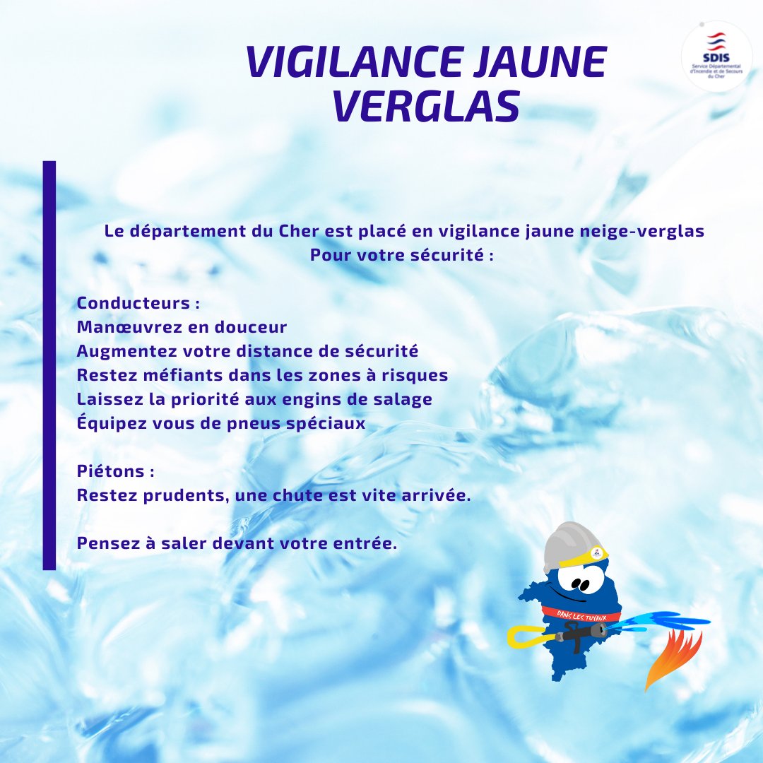 SDIS_18's tweet image. #ConseilDePompier
 
Le @departement_18 est en vigilance jaune neige-verglas. 

Pour votre #sécurité suivez les conseils des #pompiers18 

#prévention #risques #securite
