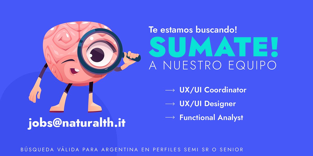 Naturalth_it's tweet image. En @Naturalth_it estamos buscando para Argentina perfiles Ssr/Sr

#UX/UICoordinator
#UX/UI Designer
#FunctionalAnalyst

Escribinos a: jobs@naturalth.it o contactanos desde: naturalth.it
