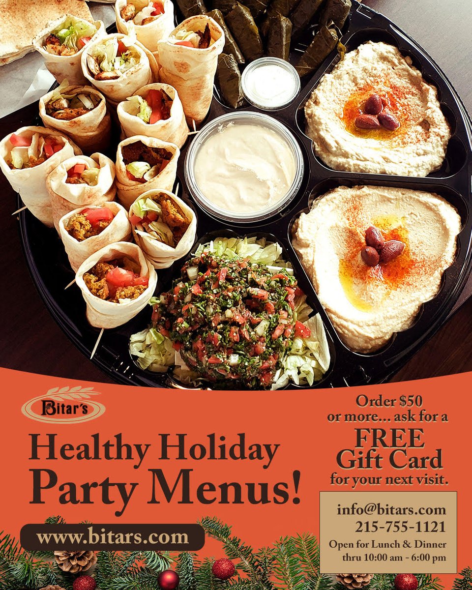 Order $50 or more from our holiday party menu, get a free gift card. Get your orders in ASAP! Call 215-755-1121. #MediterraneanFood #ChristmasParty #holidayseason