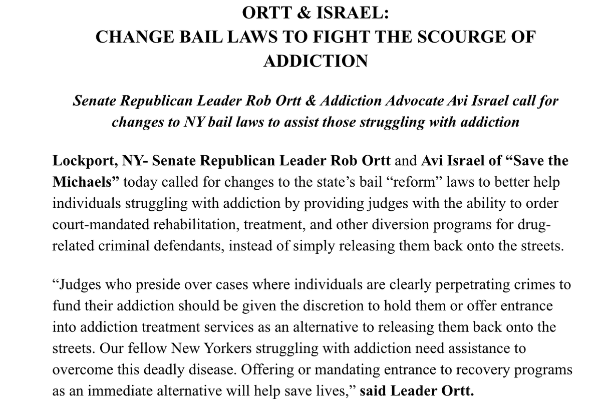 SenatorOrtt's tweet photo. Our state's bail reform laws have failed our fellow NYers struggling with addiction.

Today, Avi Israel of @STMOTW and I are calling for dire changes for the health and safety of all NY. 

Read my release below👇 https://t.co/xdzJnml90S