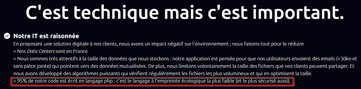 ggarcia's tweet photo. "> 95% de notre code est écrit en langage php : c'est le langage à l'empreinte écologique la plus faible (et le plus sécurisé aussi)."

#audace #php #greenit https://t.co/2W87SBmsAw