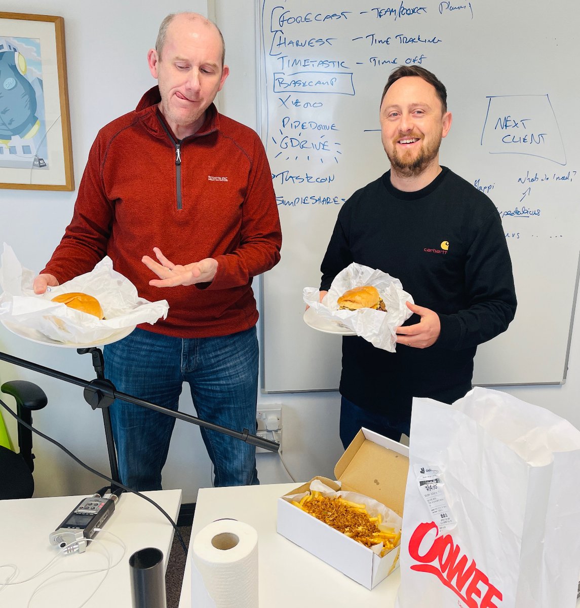 What a morning! Today we were treated, back together in the studio but this time with delicious burgers and dirty fries! Yum! Oh and we recorded a podcast… keep your ears peeled for episode 6 coming soon!