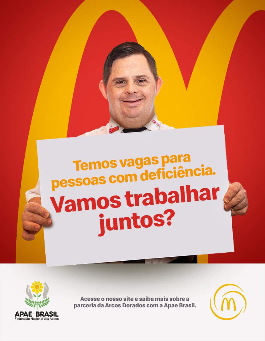 Apae Brasil e Arcos Dorados fecham parceria para empregar pessoas com deficiência. 👏 👏 O acordo prevê a disponibilização de 125 vagas nos restaurantes McDonald’s de vários municípios do país. Saiba todos os detalhes: bit.ly/3xQ11QI