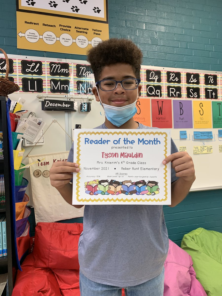HeberHunt's tweet photo. 4th Grade Reader of the Month winners for November (AR- accuracy, book level, points)
Mrs. White’s: Atticus (88%, up 1.5, +20)
Mrs. Knierim’s: Tyson (92%, up 1.6, &amp; met goal)
Mrs. Butler’s: Damarion (92%, up 1 point, &amp; over goal)
Mrs. Asbury’s: Julia (98%, up .6, &amp; met goal!) https://t.co/Y63zZ0EdJF
