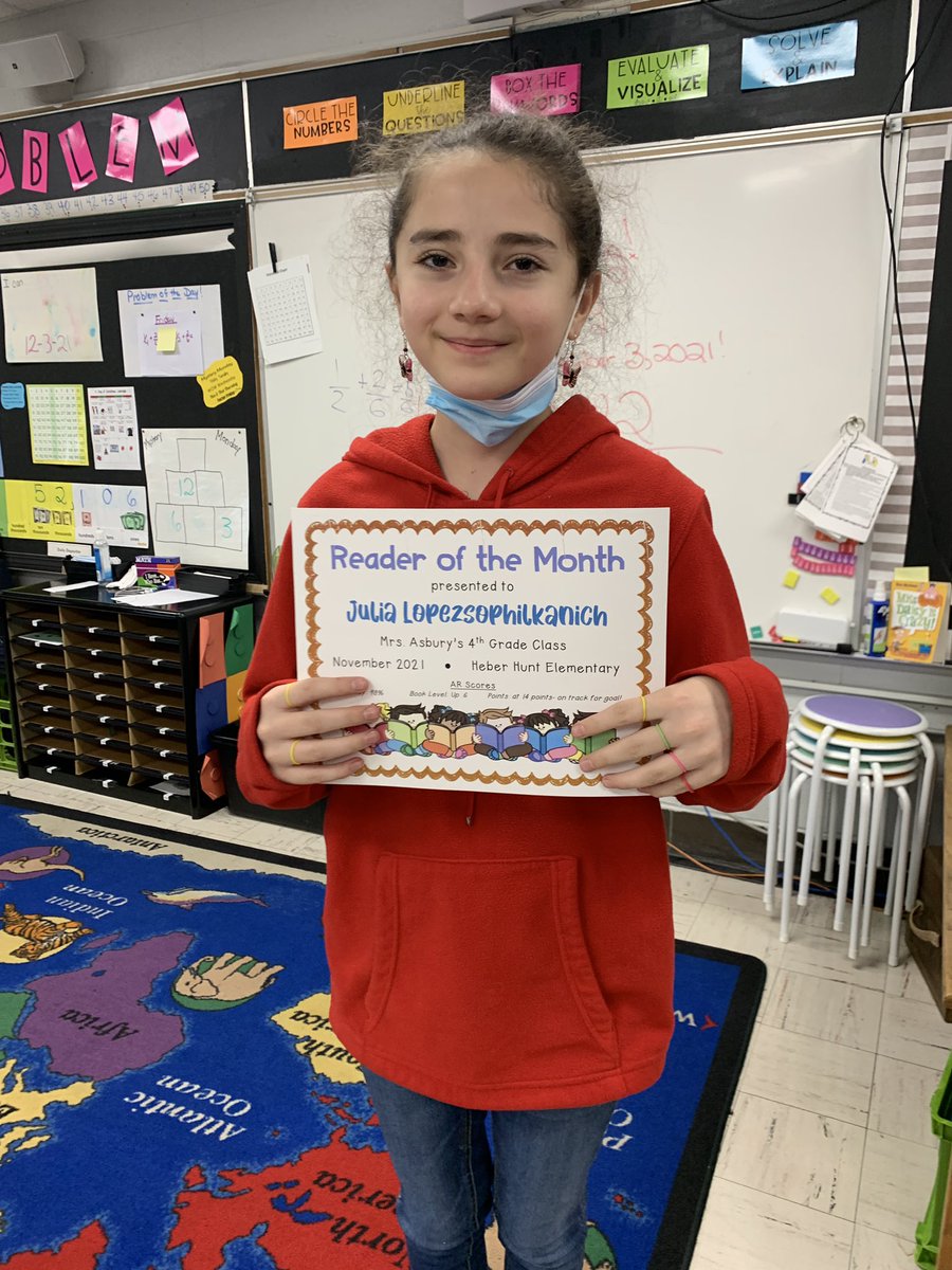 HeberHunt's tweet photo. 4th Grade Reader of the Month winners for November (AR- accuracy, book level, points)
Mrs. White’s: Atticus (88%, up 1.5, +20)
Mrs. Knierim’s: Tyson (92%, up 1.6, &amp; met goal)
Mrs. Butler’s: Damarion (92%, up 1 point, &amp; over goal)
Mrs. Asbury’s: Julia (98%, up .6, &amp; met goal!) https://t.co/Y63zZ0EdJF