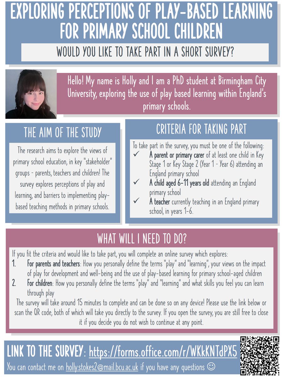 HollyAStokes's tweet photo. I am looking for primary-school teachers, children and parents in England who are happy to take part in an online survey about play-based learning perceptions for my PhD research🧸: https://t.co/DJW6c1JlMk! Please see below for more details before taking part😊 #playbasedlearning https://t.co/DV1Ulqrdli