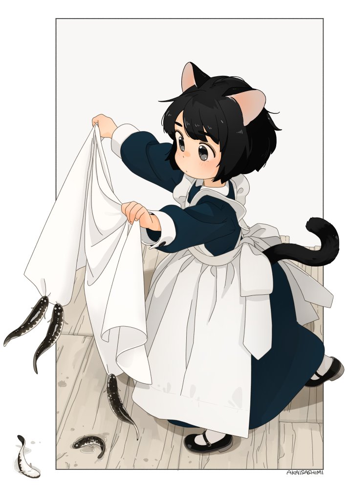 1girl animal ears tail black hair apron solo short hair  illustration images