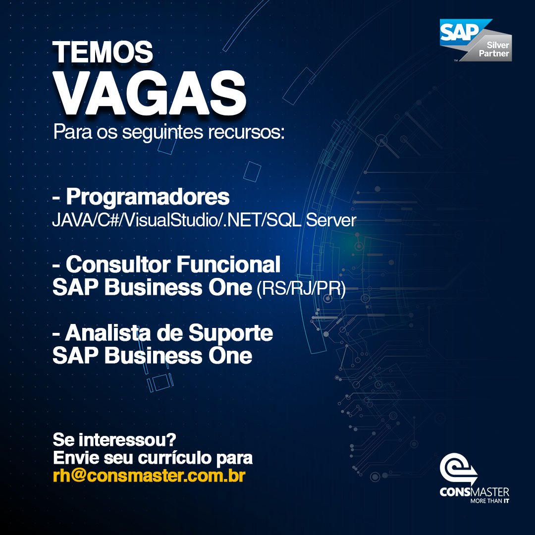 consmasterbr's tweet image. Alerta de vagas!
Nosso time está crescendo. Por isso, buscamos profissionais que possam integrar a nossa equipe em três diferentes setores.
Se você se identificou com algum deles, envie seu currículo para rh@consmaster.com.br
#programadorjava #analistasap #consultorfuncional