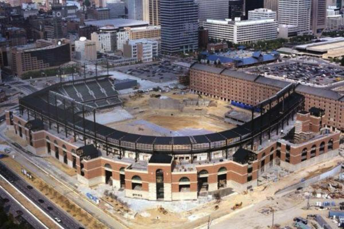 MLBcathedrals's tweet photo. Baseball had no idea what was coming. Oriole Park at Camden Yards. Construction 1991. https://t.co/4Eaid1OhEL