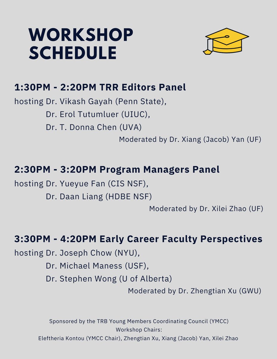 ria_kontou's tweet photo. 🚨 Workshop sponsored by #YMCC during '22 #TRBAM! We have 3 panels of amazing speakers offering insights on academic writing and reviewing, proposals and funding, and early career faculty perspectives! @ZhengtianXU @xileizhao @JacobYan3 @VikashGayah @Dr_Stephen_Wong @NASEMTRB https://t.co/SYPzJ5yKZM