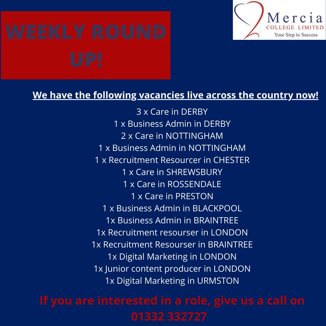 MerciaCollege's tweet photo. WEEKLY ROUND UP!!!!

We have so many vacancies right now!

Call George on 01332332727 ext.208 for more information!

#vacancy #care #businessadministration #career #jobs https://t.co/Bcx7mpTaFw