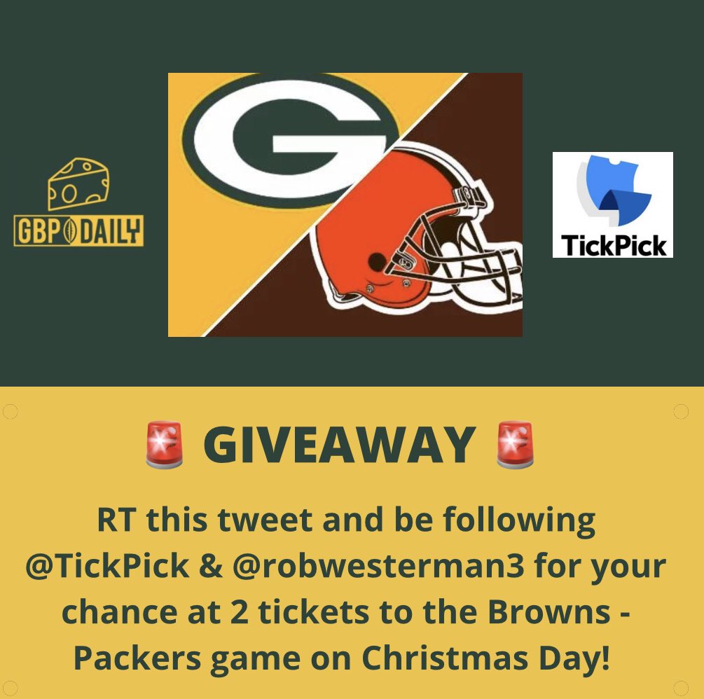 🧀 Christmas tickets Giveaway! 🧀 

<a href="/TickPick/">TickPick</a> is giving away 2 Packers tickets to the Browns-Packers game on Christmas Day @ Lambeau Field to one person who: 

1️⃣ : RT’s this tweet 
2️⃣ : Follows <a href="/TickPick/">TickPick</a> &amp; <a href="/robwesterman3/">Rob Westerman lll</a> 

Giveaway ends next Friday 12/10! #GoPackGo