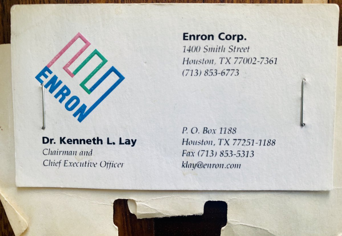 SusanLisovicz's tweet photo. Found this business card from #KennethLay just days before the 20th #anniversary of #Enron #bankruptcy an epic collapse. If only #corporate #fraud would disappear just like my old #Rolodex https://t.co/MNBVYuoNs1