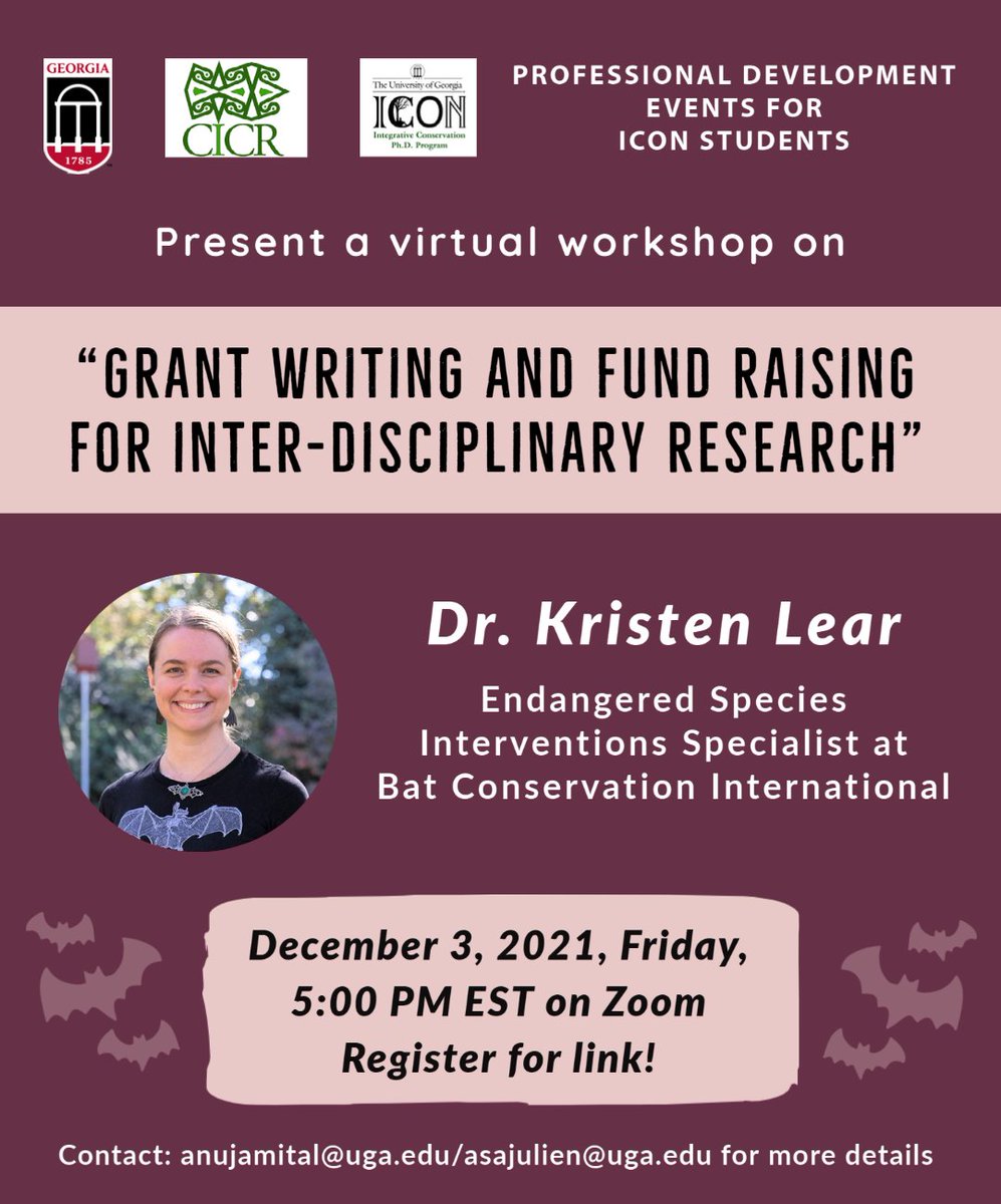 UGAICON's tweet photo. @UGAICON will be hosting a virtual workshop & #grantwriting seminar, featuring ICON Alumni, Dr. Kristen Lear @BatsForLife 🦇
🗓️Today at 5 p.m. EST
Dr. Lear is an Endangered Species Interventions Specialist at @BatConIntl , & an accomplished #conservationscientist @IfThenSheCan https://t.co/MvNubX7Bwl