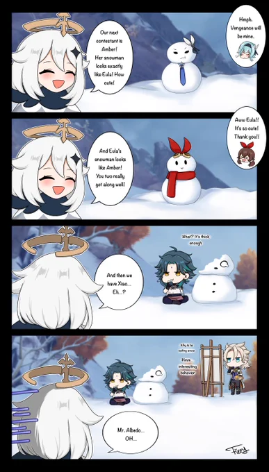 Paimon's snowman building competition pt. 2

Previous: https://t.co/NfZms1z2Jb

#genshinimpact #原神 #Paimon #Eula #Amber #Xiao #Albedo #Eulamber 