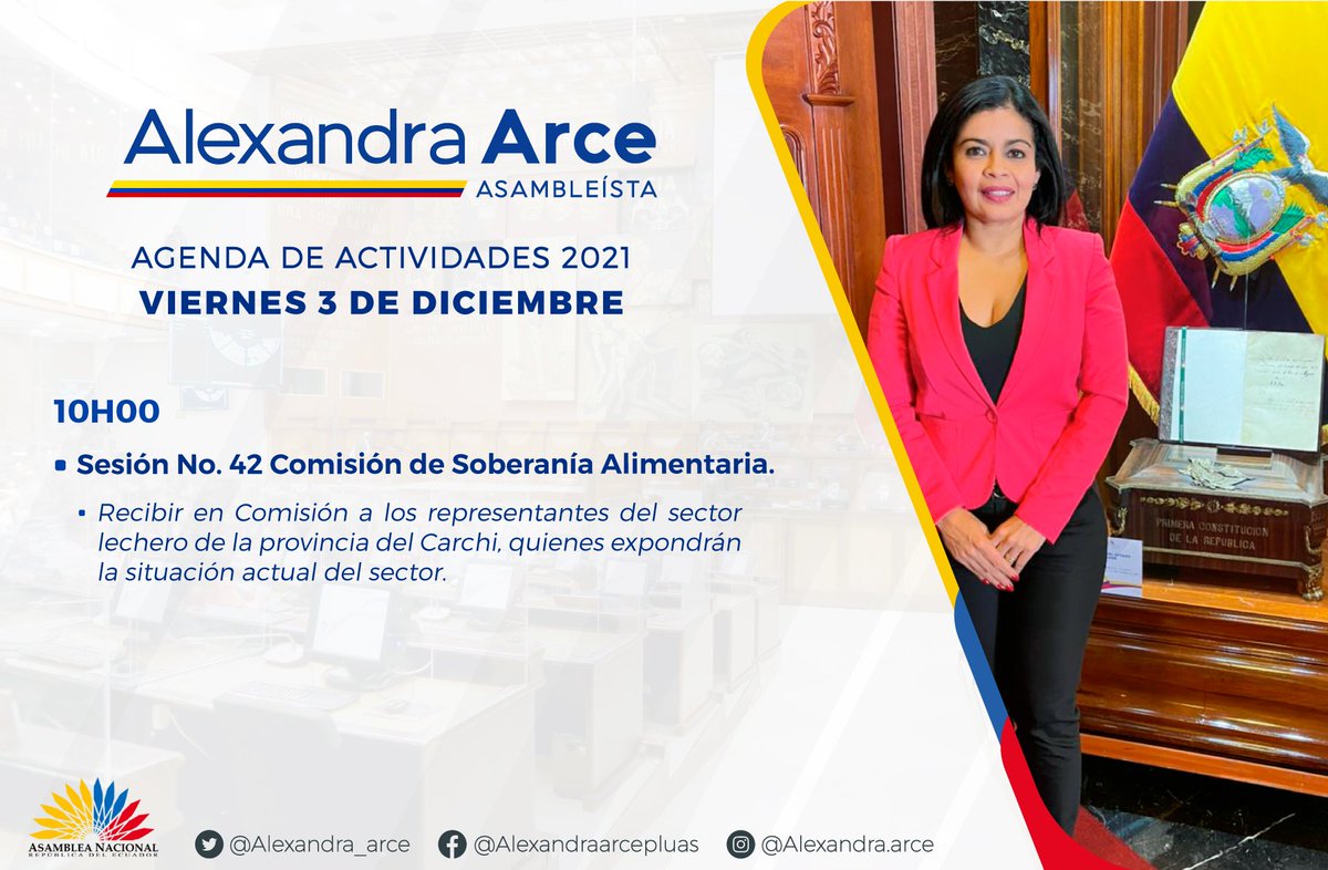Alexandra_Arce's tweet photo. #FelizViernes Hoy estaré en Comisión de @soberanialimen Donde evaluaremos situación actual del sector lechero 🐄🥛. Nuestros productores agropecuarios necesitan atención urgente de @AgriculturaEc #SOS #AgroEc https://t.co/swjHuQqNB9