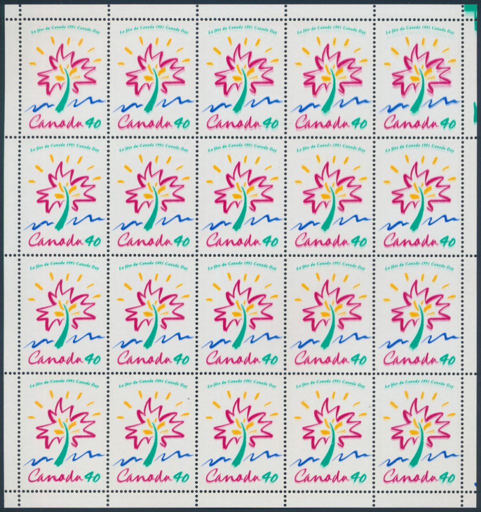 SparksAuctions's tweet photo. Found in an accumulation of modern sheets consigned to us: Lot 434, Canada 1991 40c Canada Day pane of 20 with multiple impressions, sold for C$1,579 #CanadaDay #ModernError https://t.co/TzMQp4GukN https://t.co/FLTdIQVqfl
