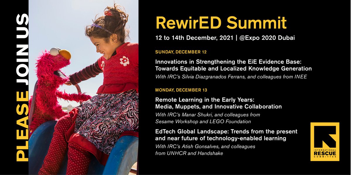 From Dec 12-14, <a href="/RESCUEorg/">IRC - International Rescue Committee</a> colleagues are thrilled to present @ #rewired2021 w/ partners like <a href="/SesameWorkshop/">Sesame Workshop</a>. Join us in person or via livestream to learn how we are--and must continue to--reach children affected by crisis with quality solutions. registration.rewired2021.com/event/b314c998…