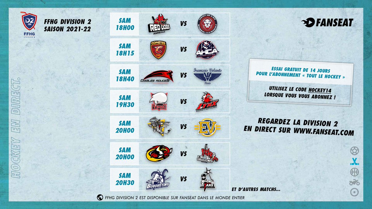 🇫🇷🏒 Un peu de D2 pour se réchauffer le coeur en ces temps de grand froid… ❄️ Voici le programme des matchs de demain!

Suivez l’intégralité de la D2 en direct sur FANSEAT 📺

𝗣𝗿𝗼𝗺𝗼: Obtenez 14 jours gratuit à l’abonnement « Tout le hockey » avec le code 𝗛𝗢𝗖𝗞𝗘𝗬𝟭𝟰 🎁