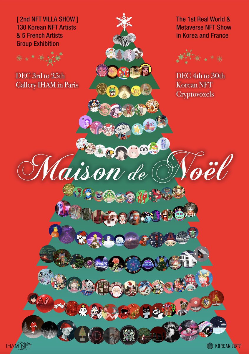 Share NFTs for Christmas gifts! 
The 1st Earth &amp; Crypto union NFT show in Korea &amp; France. 
140 artists participate &amp; tell you Christmas stories. 
No one will be lonely between 2 worlds. Join us!
Earth, Paris | Dec 3rd to 25th @ihamnft 
Meta-verse | Dec 4th to 30th <a href="/KoreanNft/">KOREAN NFT</a>
