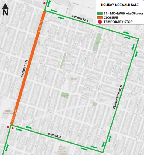 hsr's tweet photo. #HSRAlert #HSR41 on detour along Ottawa Street from Barton Street to Main Street on December 4th from 8am to 6pm due to the Holiday Sidewalk Sale. Details: https://t.co/MTk05QskqC https://t.co/HCxvafE7Mo