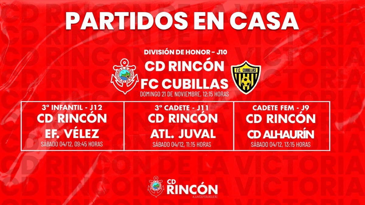 CDRinconOficial's tweet photo. 🕢 HORARIOS | Estos son los partidos que nuestros equipos disputarán este fin de semana
#JuntosPorUnSueño ⚓️
#VamosRincon https://t.co/7A6Ja40DZ7