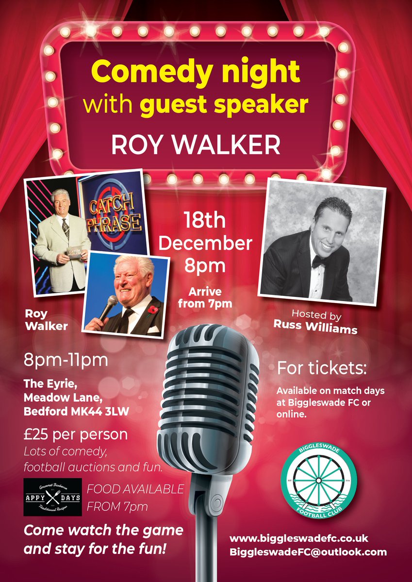 BiggleswadeFc1's tweet photo. TWO WEEKS TOMORROW | 💚⚽️🎟️

Coming up on the 18th December, we have a Comedy Night at The Eyrie with special guest Catchphrase legend Roy Walker.

Tickets on sale here...
https://t.co/fLIlApo2Nh

#WeAreFC https://t.co/oby3NbvKY3