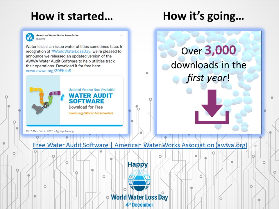 Drew Blackwell (@drewtal) on Twitter photo #worldwaterlossday is December 4. Hats off to the <a href="/awwa/">American Water Works Association</a> Water Loss Control - Software Subcommittee for a major milestone in this industry standard tool. Download today to #waterlosslikeaboss awwa.org/Resources-Tool… #worldwaterlossday is December 4. Hats off to the <a href="/awwa/">American Water Works Association</a> Water Loss Control - Software Subcommittee for a major milestone in this industry standard tool. Download today to #waterlosslikeaboss awwa.org/Resources-Tool…