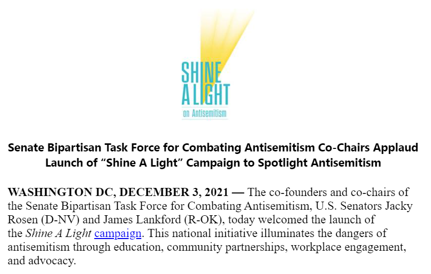 AJCGlobal's tweet photo. We thank the co-chairs of the Senate Bipartisan Task Force for Combating Antisemitism – @SenJackyRosen and @SenatorLankford – for helping to #ShineALight on antisemitism. 

We are grateful for their friendship and steadfast leadership. https://t.co/ekCotCwZqP