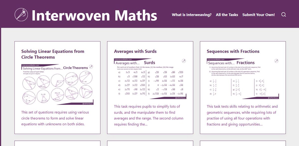 nathanday314's tweet image. Here we go! interwovenmaths.com.

A repository for tasks interweaving different maths topics together.

Including:
- fully editable PowerPoints,
- complete solutions,
- carefully chosen questions that reveal the structures underpinning and connecting different topics. [1/5]