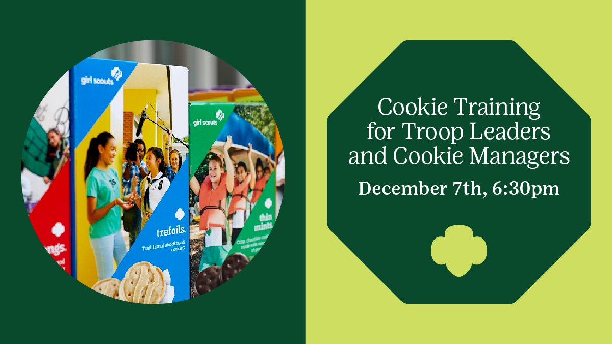 girlscoutsnyc's tweet photo. Cookie Season is just around the corner!🍪  Get ready for the action with our upcoming Cookie Trainings. First up is a session just for Troop Leaders &amp; Cookie Managers. Join in Dec 7th! https://t.co/P8XXy2F2wP Or, view all upcoming trainings &amp; events here: https://t.co/Vv5tHyaZ05 https://t.co/IEsJ1cxBVB