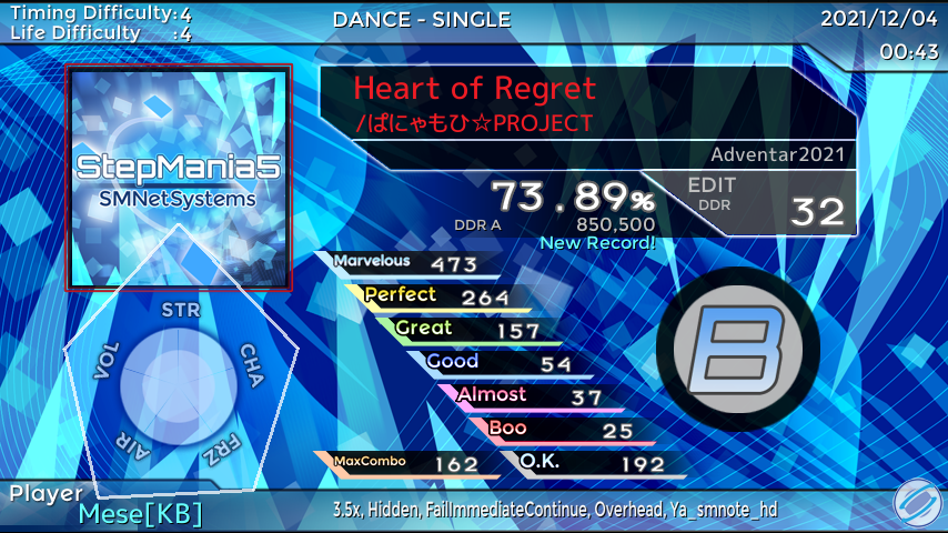 Mese_Insanity's tweet photo. StepManiaで「Heart of Regret」をプレイしました！ スコア：73.89% #SMResult
えげつないですわ！！！！！ https://t.co/EoGZCuBTcM
