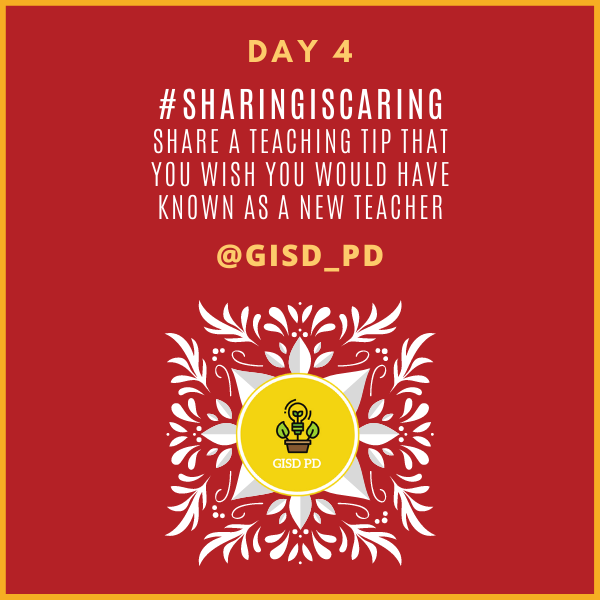 GISD Professional Learning (@gisd_pd) on Twitter photo Day 4 Quest! #Sharingiscaring
Share a teaching tip that you wish you would have known as a new teacher. <a href="/GISDTLD/">Teaching & Learning Development</a> <a href="/gisdnews/">Garland ISD</a> #GISDpd #ItsthePDforme Day 4 Quest! #Sharingiscaring
Share a teaching tip that you wish you would have known as a new teacher. <a href="/GISDTLD/">Teaching & Learning Development</a> <a href="/gisdnews/">Garland ISD</a> #GISDpd #ItsthePDforme